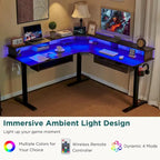 Scrivania angolare elettrica regolabile in altezza a 1 persona in fibra di carbonio nera/rovere rustico scuro/bianco anticato con illuminazione RGB