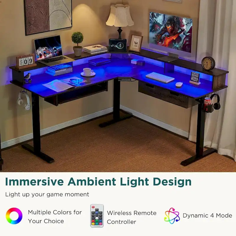 Scrivania angolare elettrica regolabile in altezza a 1 persona in fibra di carbonio nera/rovere rustico scuro/bianco anticato con illuminazione RGB