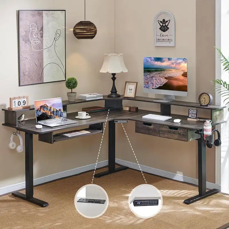 Scrivania angolare elettrica regolabile in altezza a 1 persona in fibra di carbonio nera/rovere rustico scuro/bianco anticato con illuminazione RGB