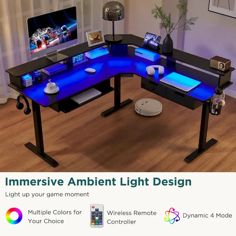 Scrivania angolare elettrica regolabile in altezza a 1 persona in fibra di carbonio nera/rovere rustico scuro/bianco anticato con illuminazione RGB