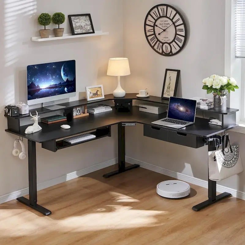 Scrivania angolare elettrica regolabile in altezza a 1 persona in fibra di carbonio nera/rovere rustico scuro/bianco anticato con illuminazione RGB