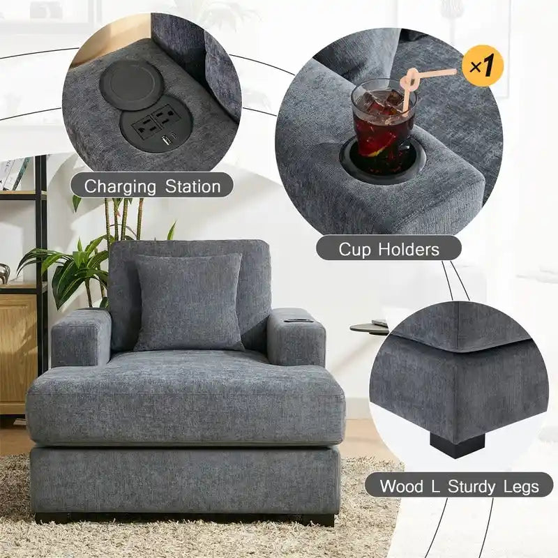 Chaise longue oversize, blu-grigio / crema, 100,8 cm / 110,5 cm / 139,7 cm, 1-2 persone