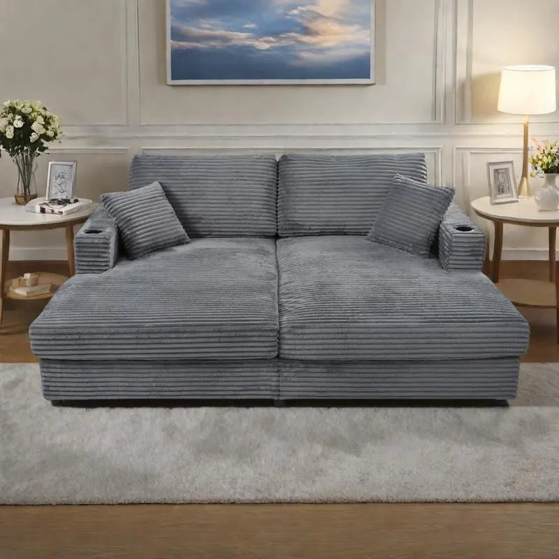 Chaise longue in velluto a costine per 2 con porte USB e portabicchieri – Grigio Scuro / Blu / Beige / Nero