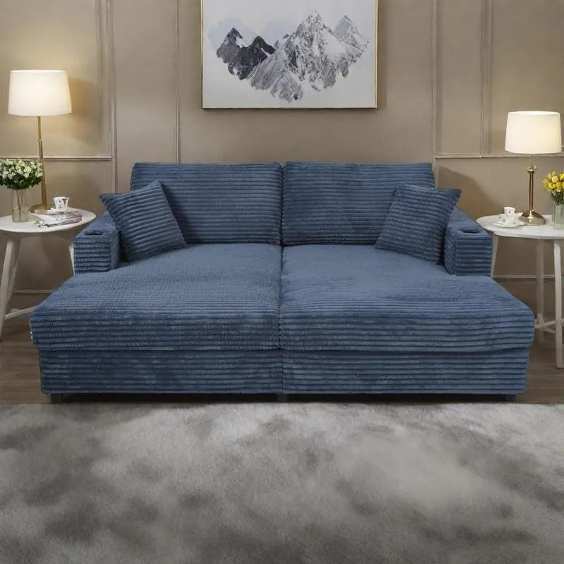 Chaise longue in velluto a costine per 2 con porte USB e portabicchieri – Grigio Scuro / Blu / Beige / Nero