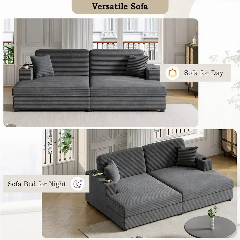 Chaise longue in velluto a costine per 2 con porte USB e portabicchieri – Grigio Scuro / Blu / Beige / Nero