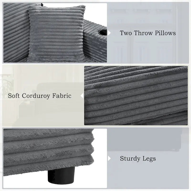 Chaise longue in velluto a costine per 2 con porte USB e portabicchieri – Grigio Scuro / Blu / Beige / Nero