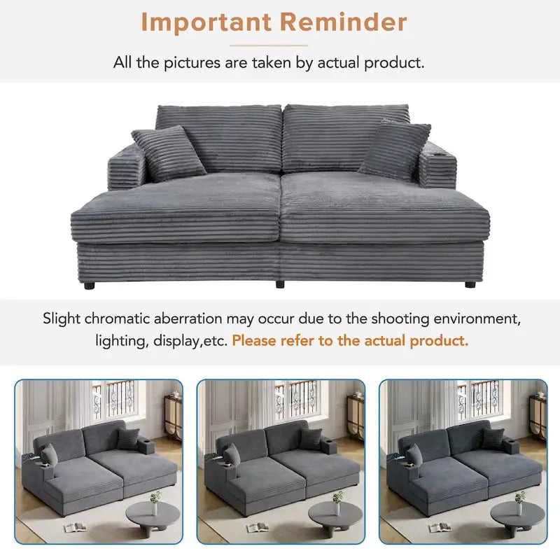 Chaise longue in velluto a costine per 2 con porte USB e portabicchieri – Grigio Scuro / Blu / Beige / Nero