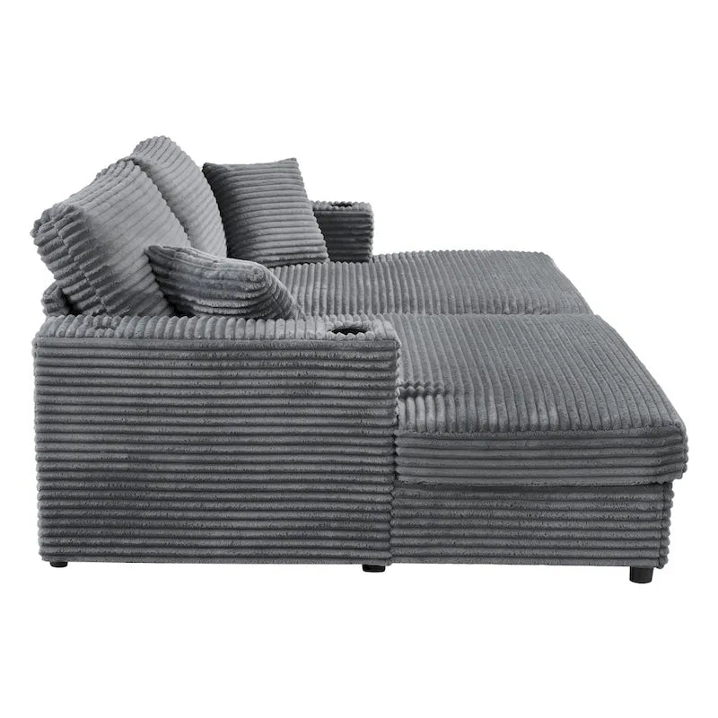 Chaise longue in velluto a costine per 2 con porte USB e portabicchieri – Grigio Scuro / Blu / Beige / Nero