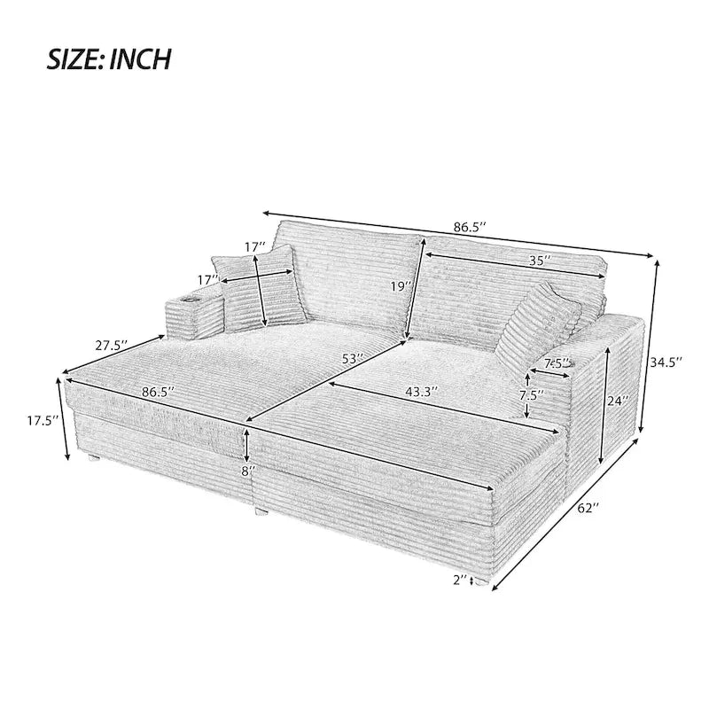 Chaise longue in velluto a costine per 2 con porte USB e portabicchieri – Grigio Scuro / Blu / Beige / Nero