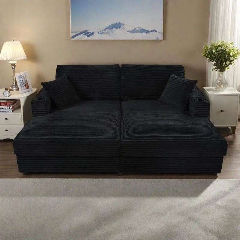 Chaise longue in velluto a costine per 2 con porte USB e portabicchieri – Grigio Scuro / Blu / Beige / Nero