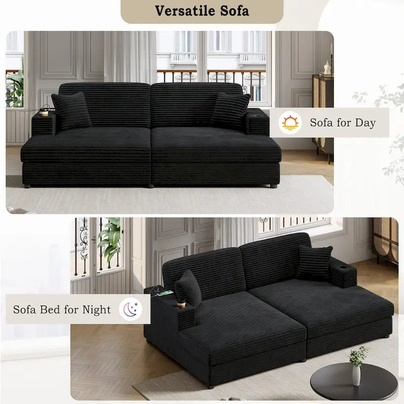 Chaise longue in velluto a costine per 2 con porte USB e portabicchieri – Grigio Scuro / Blu / Beige / Nero