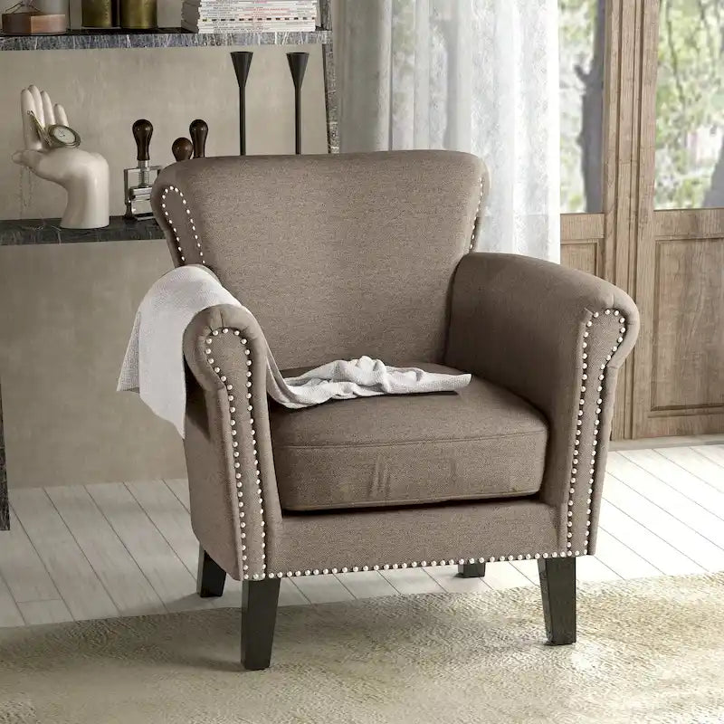 Poltrona Club Contemporanea con Braccioli Arrotondati, Rivetti e Gambe in Betulla, 79 cm Larghezza