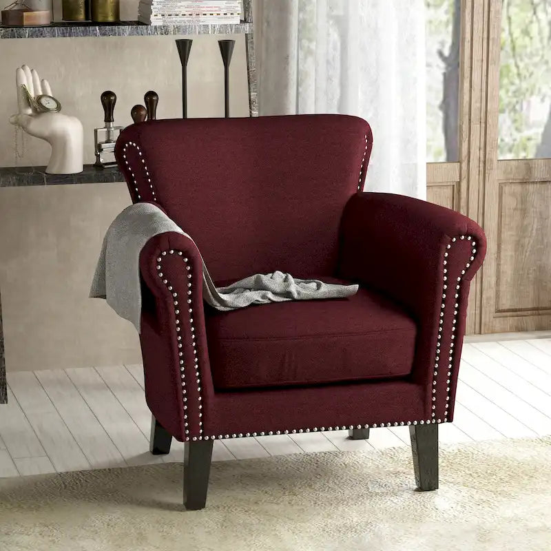 Poltrona Club Contemporanea con Braccioli Arrotondati, Rivetti e Gambe in Betulla, 79 cm Larghezza