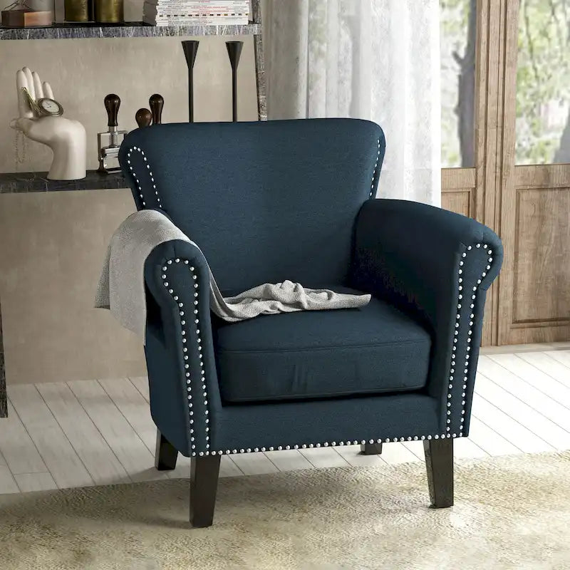 Poltrona Club Contemporanea con Braccioli Arrotondati, Rivetti e Gambe in Betulla, 79 cm Larghezza