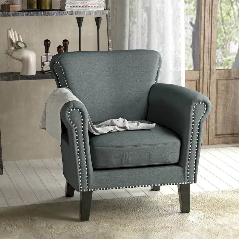 Poltrona Club Contemporanea con Braccioli Arrotondati, Rivetti e Gambe in Betulla, 79 cm Larghezza