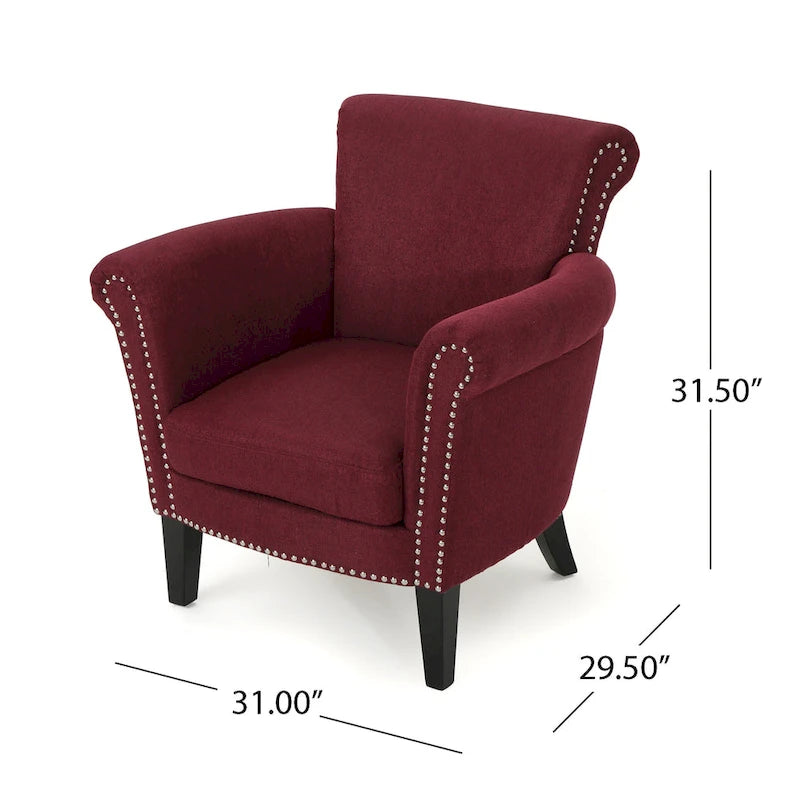 Poltrona Club Contemporanea con Braccioli Arrotondati, Rivetti e Gambe in Betulla, 79 cm Larghezza