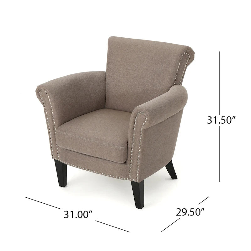 Poltrona Club Contemporanea con Braccioli Arrotondati, Rivetti e Gambe in Betulla, 79 cm Larghezza