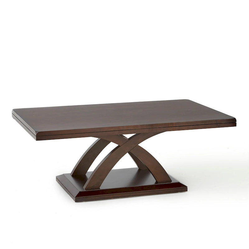 Tavolino moderno a base incrociata, finitura ciliegio espresso, legno massello e impiallacciatura, larghezza 48"