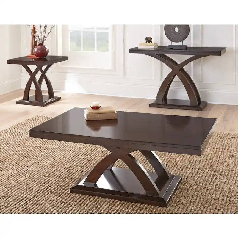 Tavolino moderno a base incrociata, finitura ciliegio espresso, legno massello e impiallacciatura, larghezza 48"