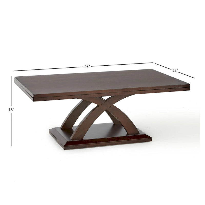 Tavolino moderno a base incrociata, finitura ciliegio espresso, legno massello e impiallacciatura, larghezza 48"