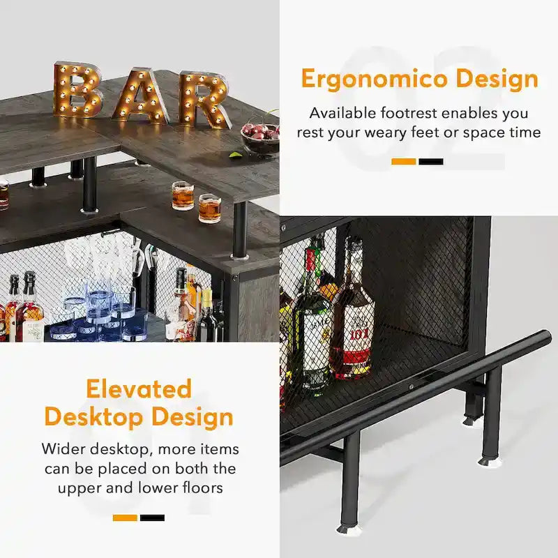 Mobile bar a L, tavolo da bar per liquori con contenitore a 2 ripiani - N/A
