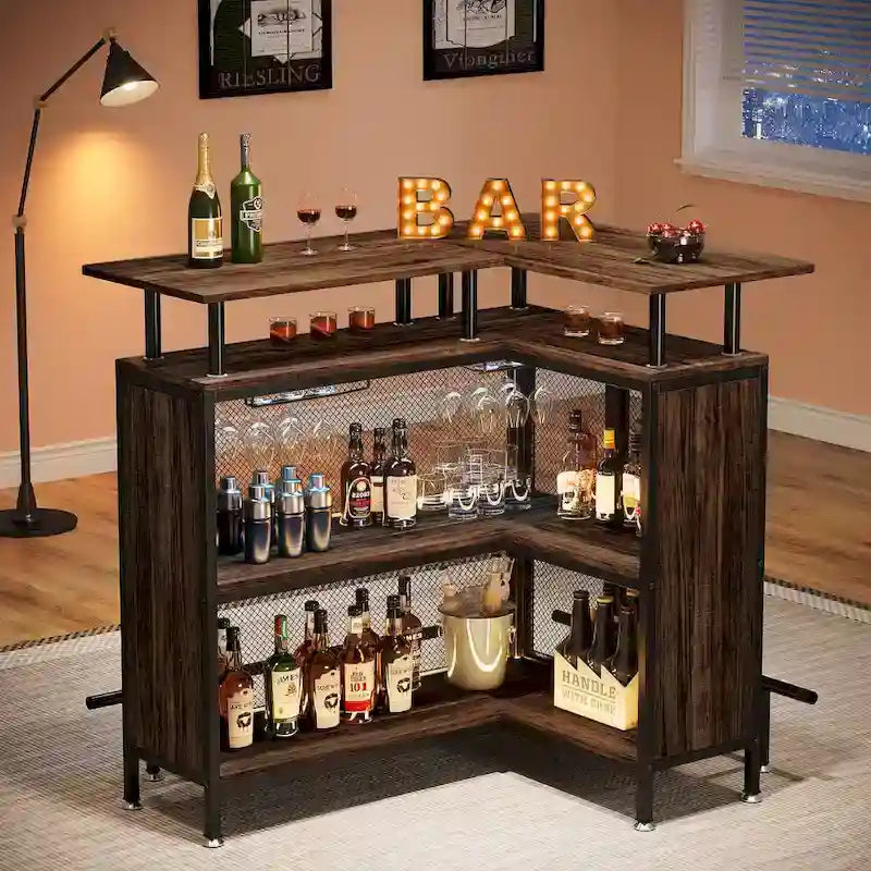 Mobile bar a L, tavolo da bar per liquori con contenitore a 2 ripiani - N/A