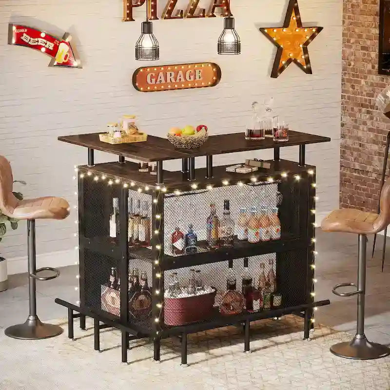 Mobile bar a L, tavolo da bar per liquori con contenitore a 2 ripiani - N/A