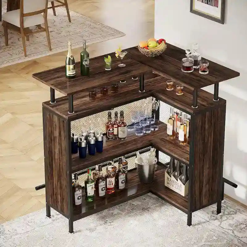 Mobile bar a L, tavolo da bar per liquori con contenitore a 2 ripiani - N/A