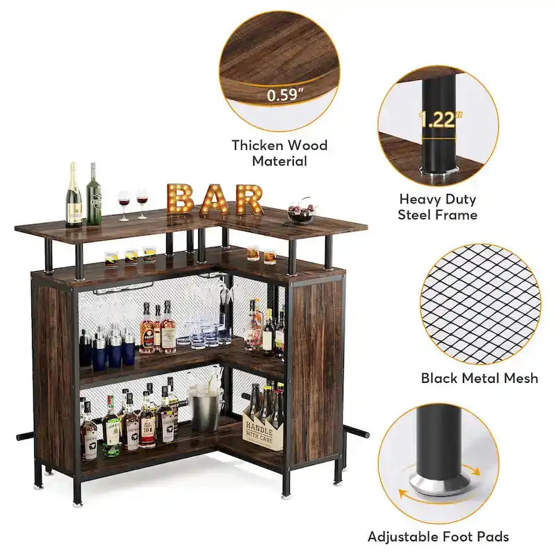 Mobile bar a L, tavolo da bar per liquori con contenitore a 2 ripiani - N/A