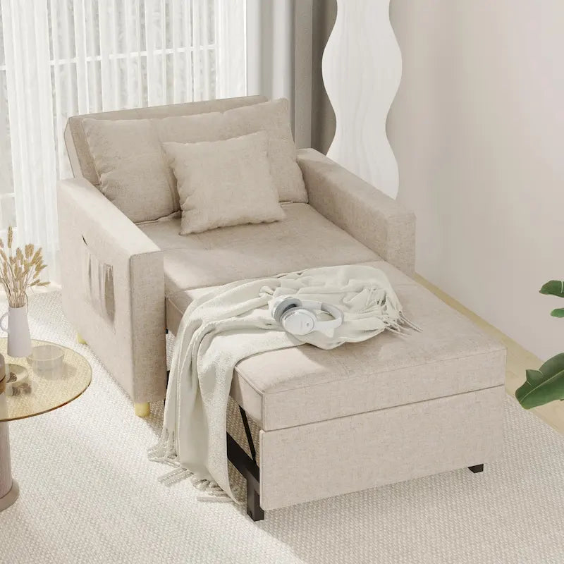 Divano letto futon convertibile 3-in-1, telaio in acciaio, tessuto di lino traspirante, 150 kg