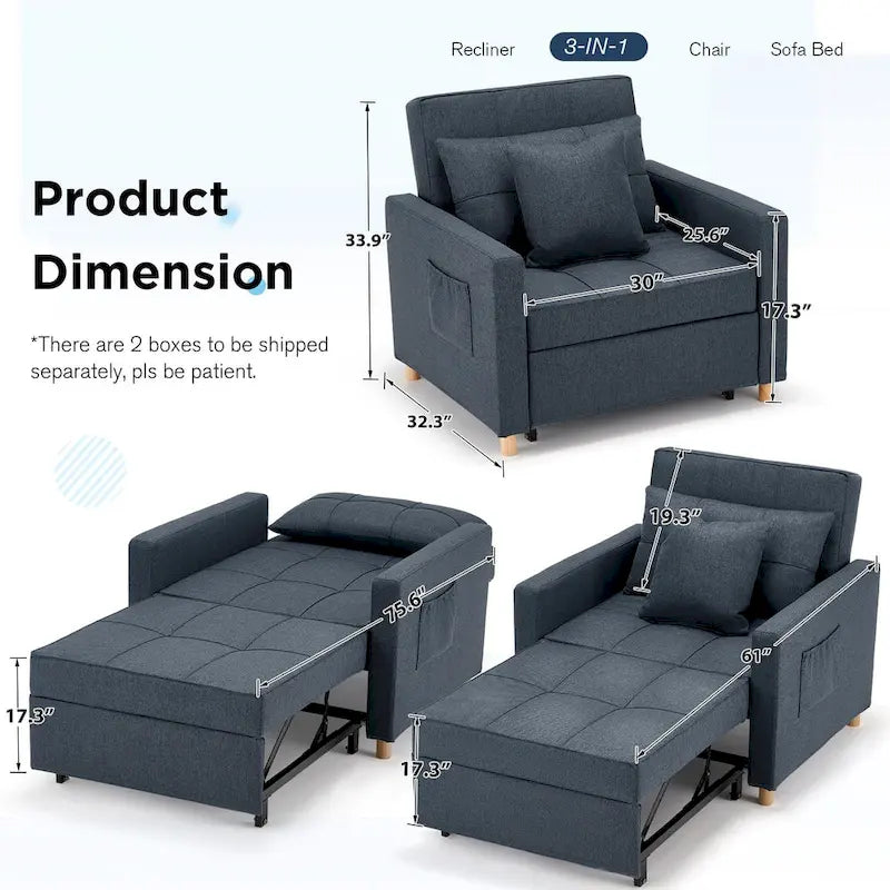 Divano letto futon convertibile 3-in-1, telaio in acciaio, tessuto di lino traspirante, 150 kg