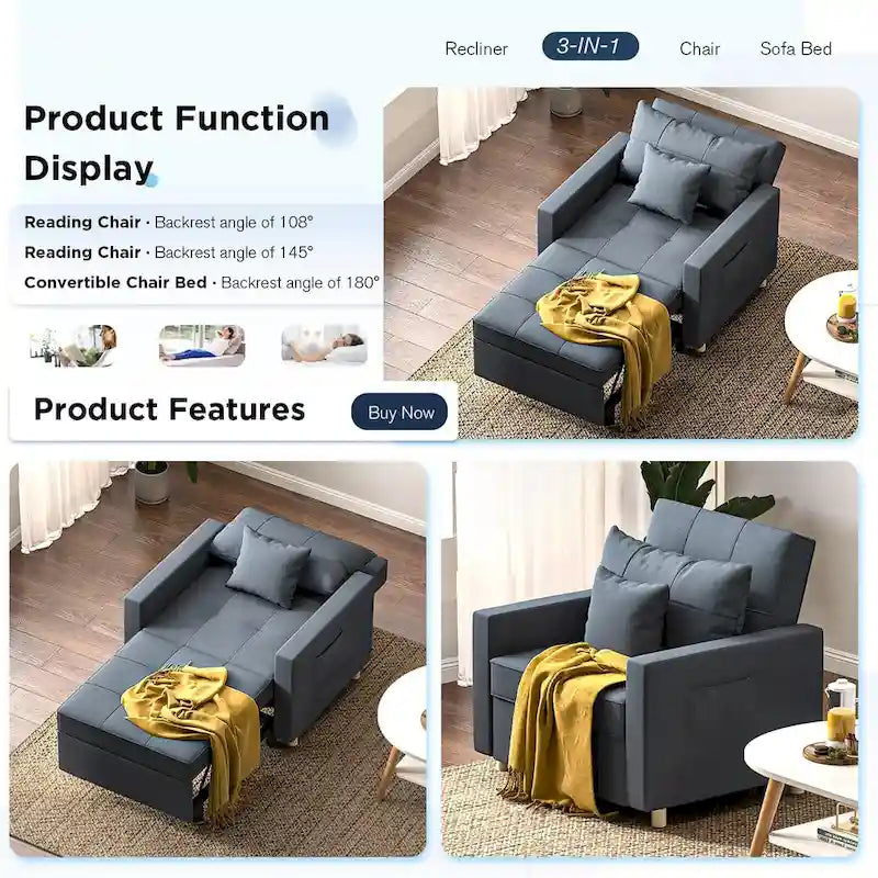 Divano letto futon convertibile 3-in-1, telaio in acciaio, tessuto di lino traspirante, 150 kg
