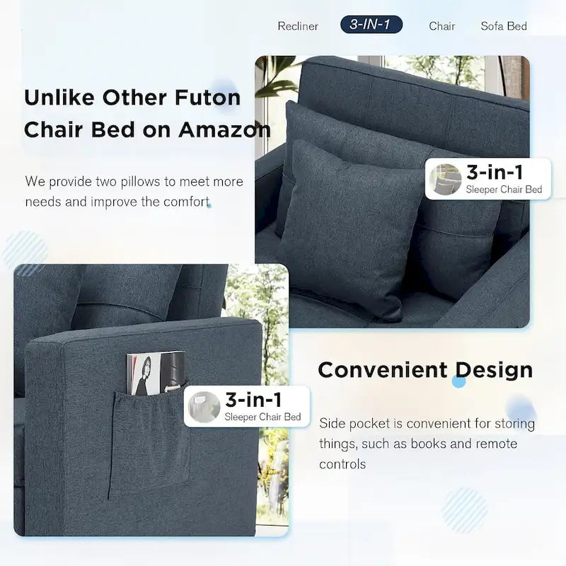 Divano letto futon convertibile 3-in-1, telaio in acciaio, tessuto di lino traspirante, 150 kg