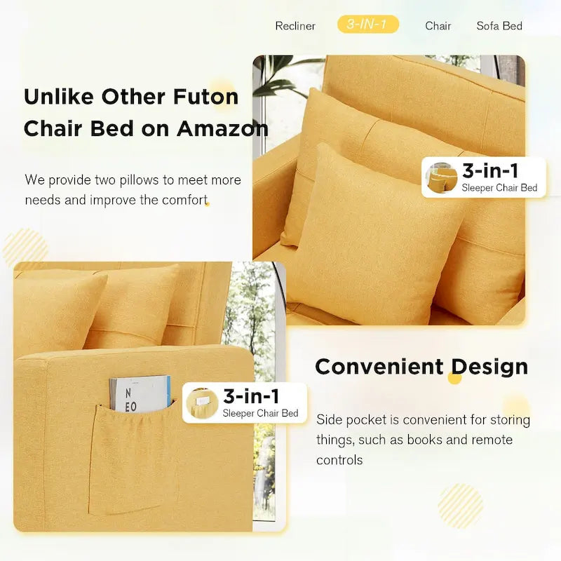 Divano letto futon convertibile 3-in-1, telaio in acciaio, tessuto di lino traspirante, 150 kg
