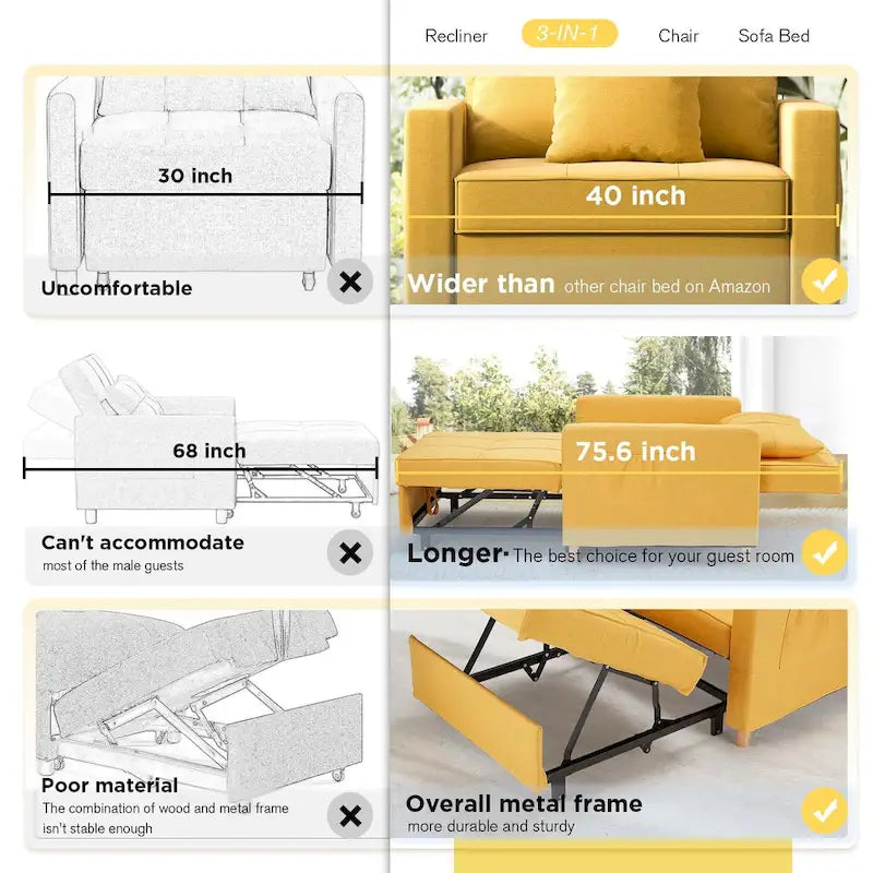 Divano letto futon convertibile 3-in-1, telaio in acciaio, tessuto di lino traspirante, 150 kg