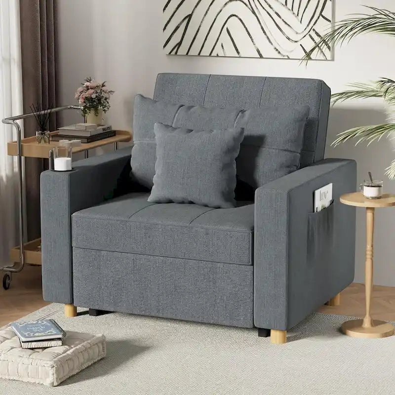 Divano letto futon convertibile 3-in-1, telaio in acciaio, tessuto di lino traspirante, 150 kg