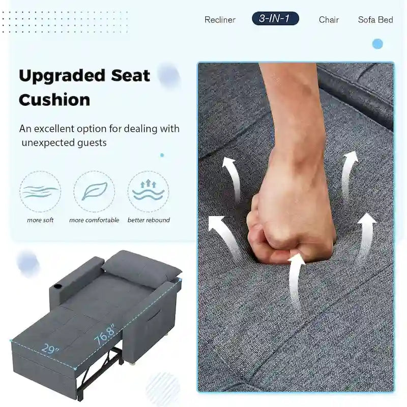 Divano letto futon convertibile 3-in-1, telaio in acciaio, tessuto di lino traspirante, 150 kg