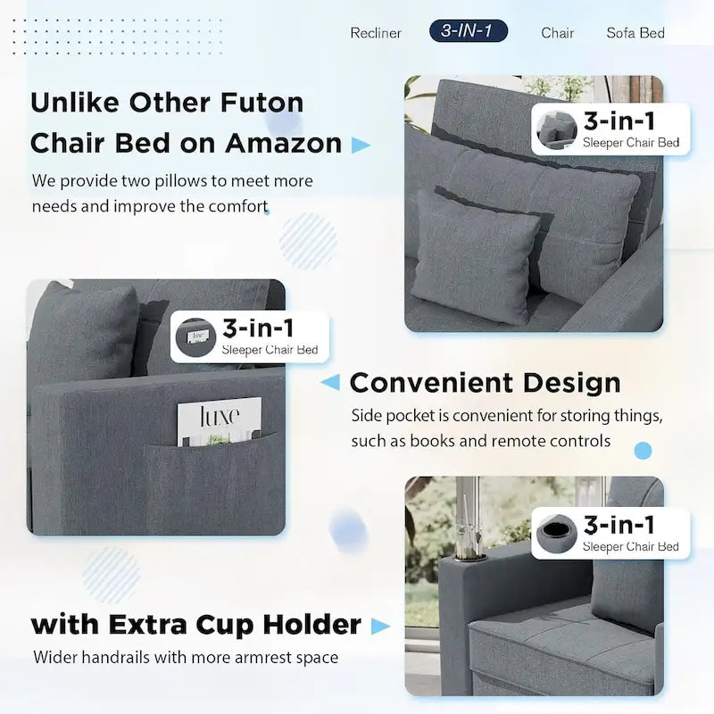 Divano letto futon convertibile 3-in-1, telaio in acciaio, tessuto di lino traspirante, 150 kg