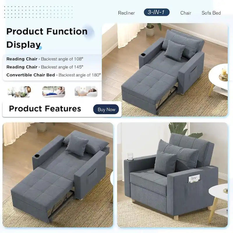 Divano letto futon convertibile 3-in-1, telaio in acciaio, tessuto di lino traspirante, 150 kg