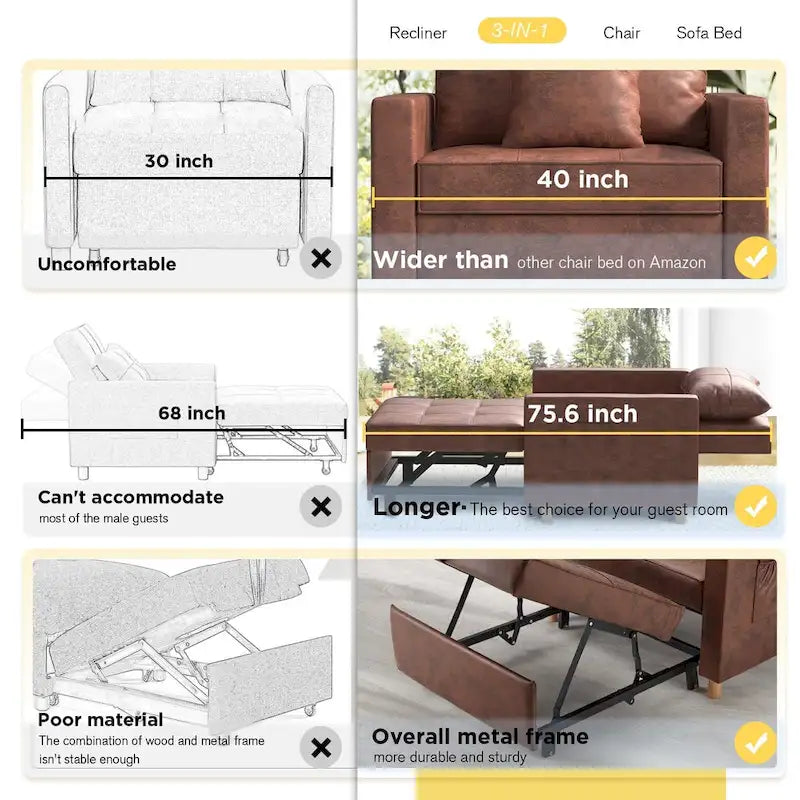 Divano letto futon convertibile 3-in-1, telaio in acciaio, tessuto di lino traspirante, 150 kg