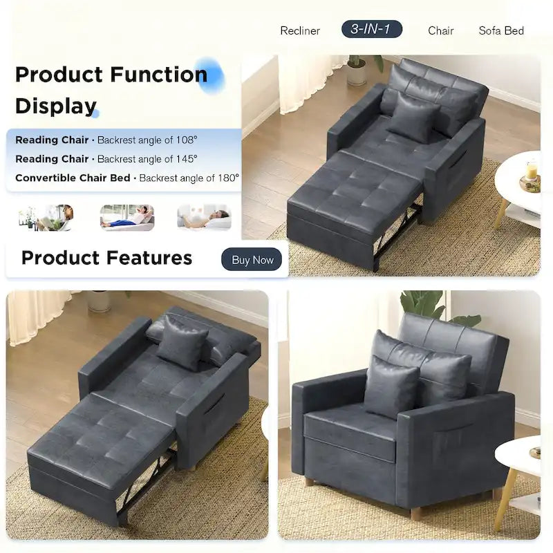 Divano letto futon convertibile 3-in-1, telaio in acciaio, tessuto di lino traspirante, 150 kg