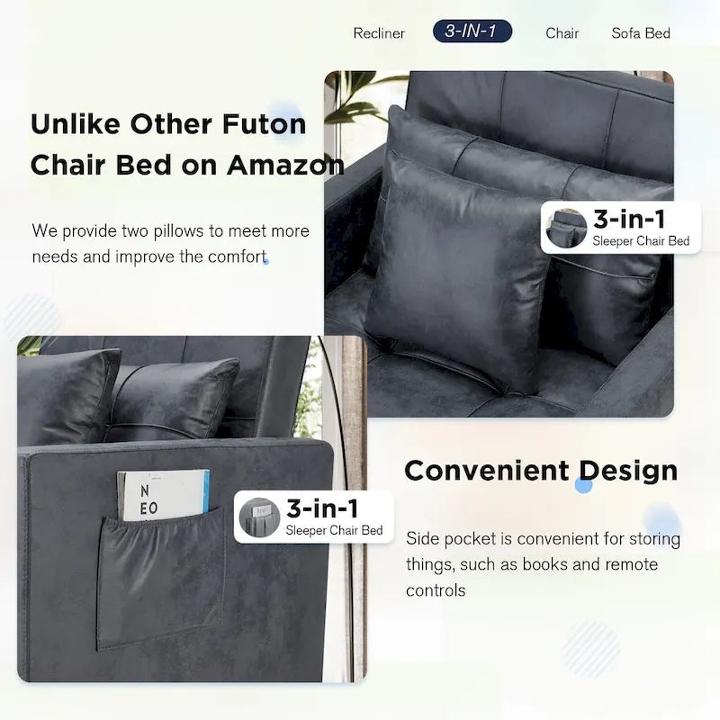 Divano letto futon convertibile 3-in-1, telaio in acciaio, tessuto di lino traspirante, 150 kg