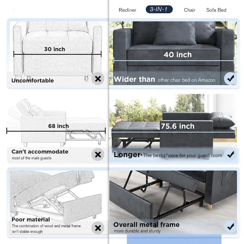 Divano letto futon convertibile 3-in-1, telaio in acciaio, tessuto di lino traspirante, 150 kg