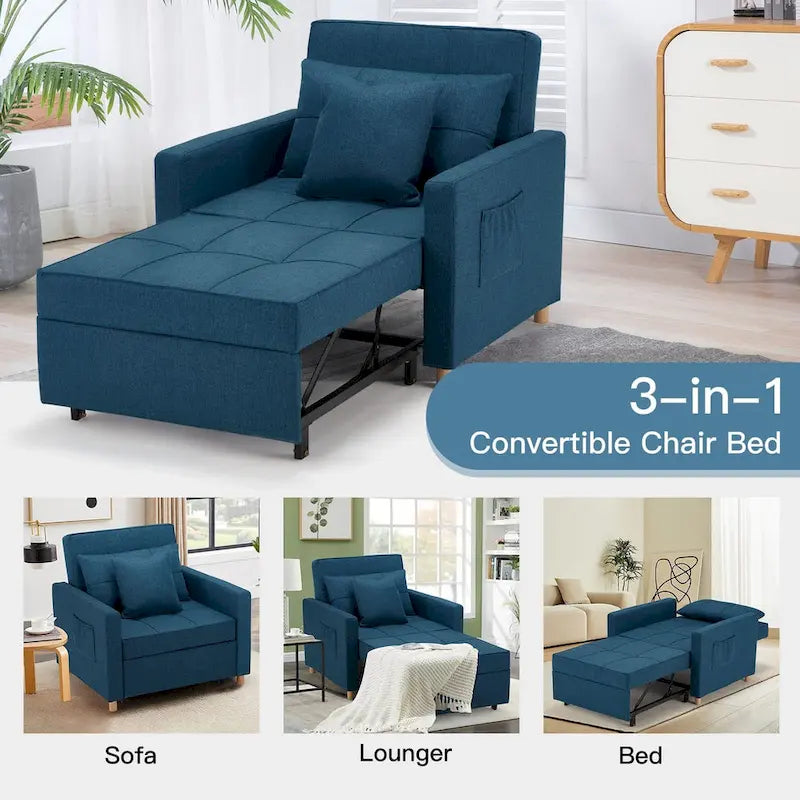 Divano letto futon convertibile 3-in-1, telaio in acciaio, tessuto di lino traspirante, 150 kg
