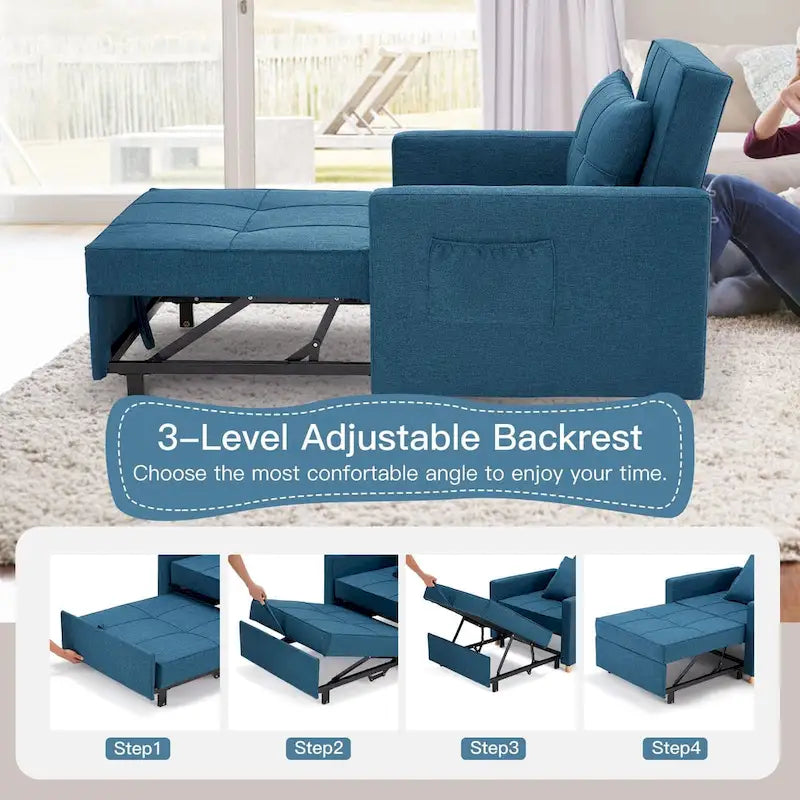 Divano letto futon convertibile 3-in-1, telaio in acciaio, tessuto di lino traspirante, 150 kg