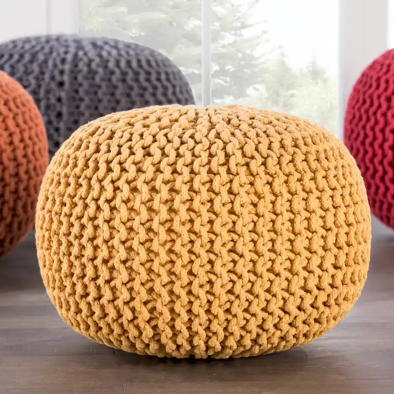 Pouf Rotondo in Cotone Lavorato a Maglia Grossa – Multicolore, Stile Ottomano, 1 Posto