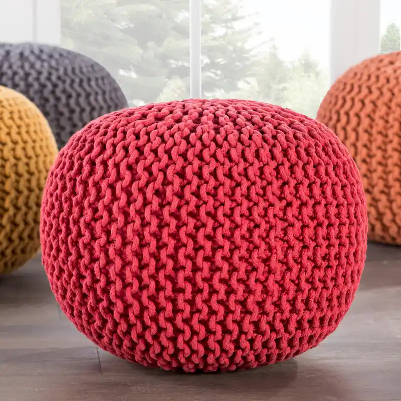 Pouf Rotondo in Cotone Lavorato a Maglia Grossa – Multicolore, Stile Ottomano, 1 Posto