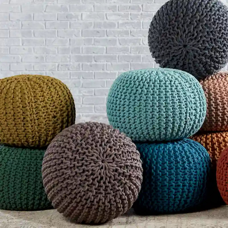 Pouf Rotondo in Cotone Lavorato a Maglia Grossa – Multicolore, Stile Ottomano, 1 Posto