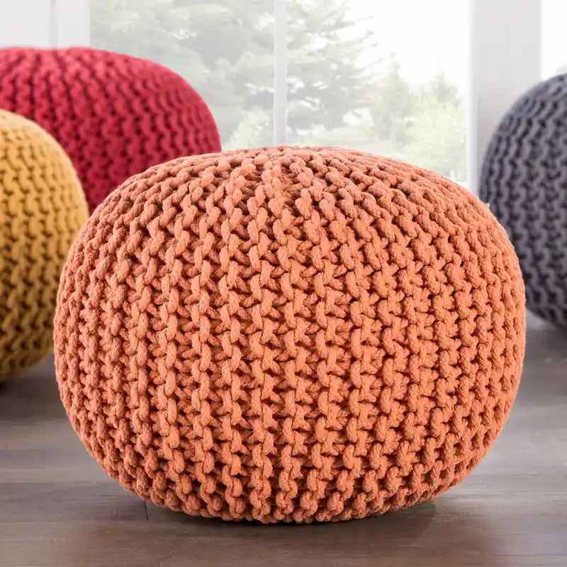 Pouf Rotondo in Cotone Lavorato a Maglia Grossa – Multicolore, Stile Ottomano, 1 Posto