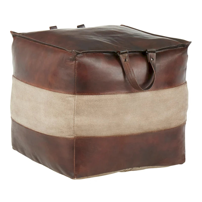 Pouf ottomano quadrato marrone/cuoio, pelle e tela, 1 posto